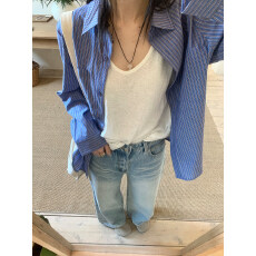 批发官图实价韩系慵懒感复古条纹纯<b class='q'>棉</b>衬衫女设计感翻领长袖衬衣