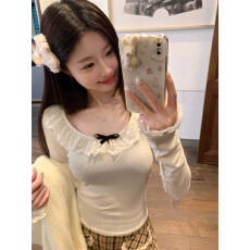 批发白色蕾丝花边T恤<b class='q'>女装</b>春秋温柔风纯欲内搭打底衫短款别致绝美上衣