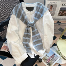 批发纯棉小众设计感休闲长袖<b class='q'>衬衫</b>女韩系条纹针织披肩两件套上衣