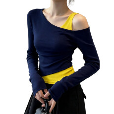 批发斜肩假两件露肩收腰<b class='q'>T</b><b class='q'>恤</b>女2026新款漂亮巨好看时尚气质掐腰上衣
