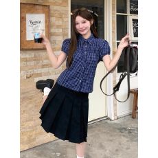 批发原版做法复古格纹POLO领娃娃衫女泡泡袖夏季2026通勤百搭上衣