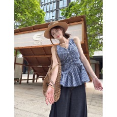 批发【纯棉梭织布】复古格子褶皱挂脖V领收腰辣妹<b class='q'>修身</b>吊带背心上衣女