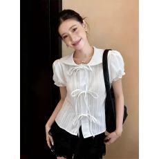 批发韩系学院风娃娃领系带蝴蝶结泡泡袖衬衫女2026<b class='q'>夏季</b>小清新百搭衬衣