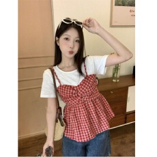 批发原版格子+竹节棉】微胖假两件格子背心短袖t恤女夏遮肉显瘦<b class='q'>上衣</b>