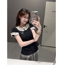 批发【40支精棉螺纹】木耳边拼接波点针织短袖T恤女夏设计感修身百搭