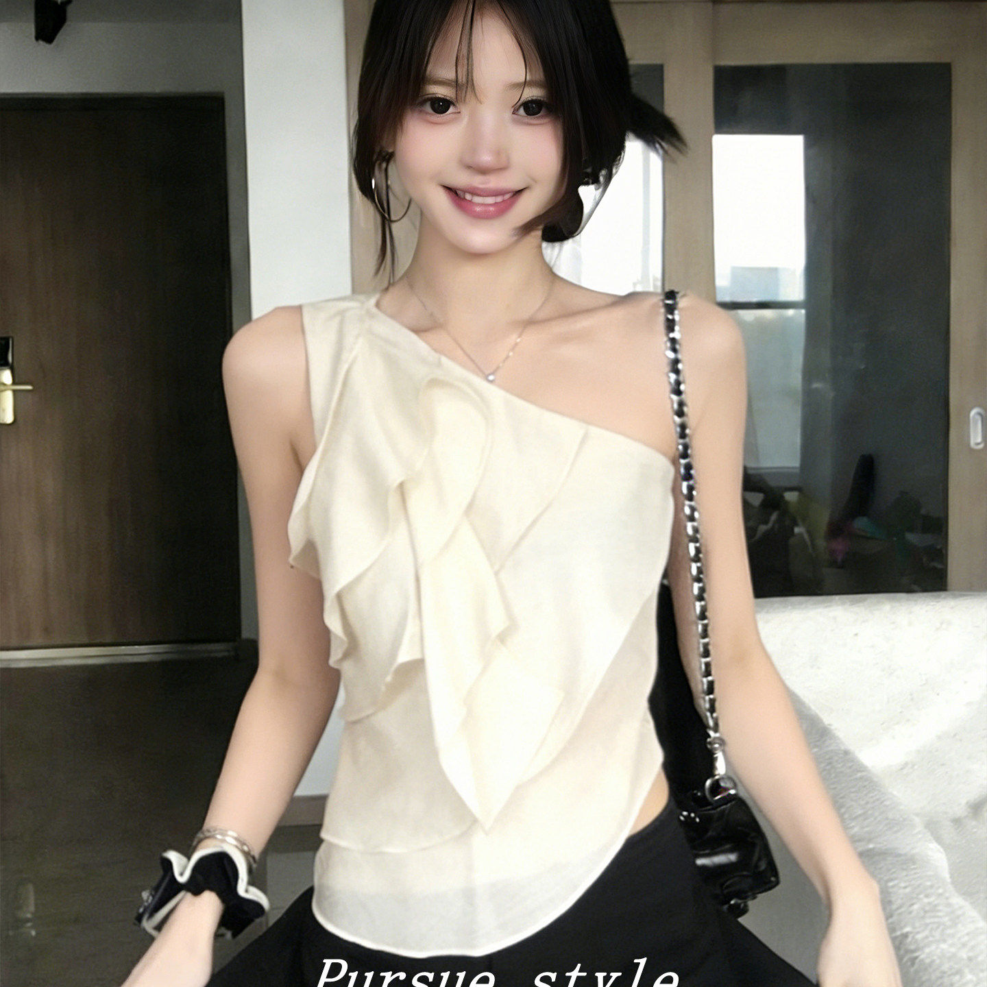 달콤함 핑크색 프릴 민소매 조끼 여성 셔츠 여름 불규칙 몸매 가꾸기 슬림해 보이는 고유 한 슈퍼 잘 생긴 작은 셔츠