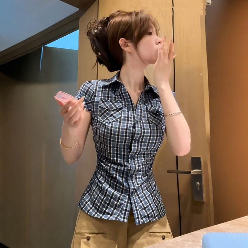 원본 원단 아메리칸 레트로 배색 체크무늬 반팔 셔츠 여름 몸매 가꾸기 슬림해 보이는 다용도 맨위