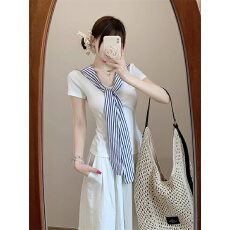 批发原版品质学院风白色海军领<b class='q'>短袖</b><b class='q'>t</b><b class='q'>恤</b>正肩夏小个子修身披肩上衣