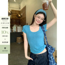 批发宋正恩蓝色<b class='q'>短袖</b><b class='q'>t</b><b class='q'>恤</b>女夏季新款韩系正肩短款修身漂亮多巴胺上衣