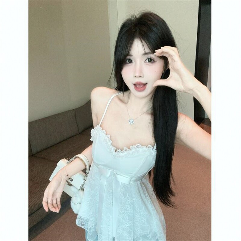 화이트 외출용 레이스 캐미솔 여름 프랑스식 허리 수축 디자인 센스 순수한 욕망 섹시함 핫걸 민소매 맨위