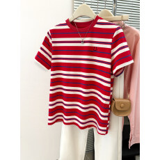 批发实拍撞色条纹短袖T恤女夏季新款<b class='q'>韩版</b>宽松显瘦打底衫内搭半袖上衣