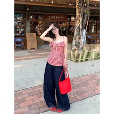 批发【原版色织格】红色格纹不规则吊带上衣夏季收腰<b class='q'>设计</b>感短款背心女