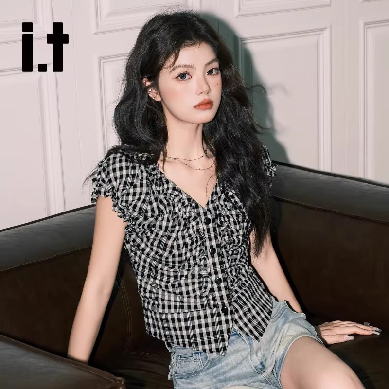 원본 것 달콤한 매운맛 검은 격자 V넥 버블 반팔 여성 셔츠 2026 여름 고유 한 작은 셔츠 허리 수축 맨위