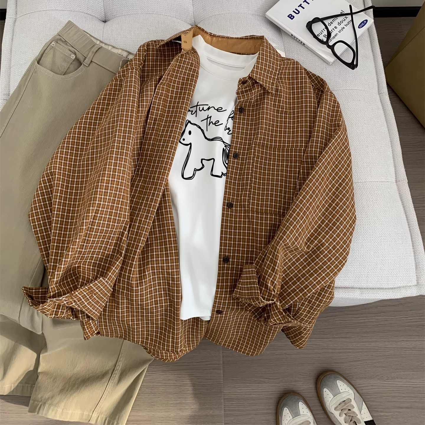 법률 시스템 고급 센스 새로운 스택 착용 격자 무늬 셔츠 여성 긴 소매 자외선 차단 느긋한 바람 외출용 편안함 다용도 셔츠