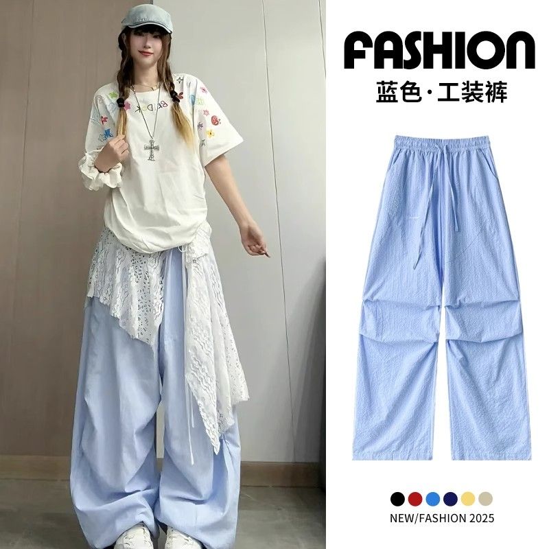 파란색 스트라이프 워크웨어 팬츠 여성 여름 2025 새로운 하이웨이스트 도루 센스 루즈핏 슬림해 보이는 캐주얼 낙하산 병 와이드 레그 팬츠 어린이