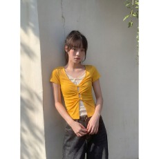 批发原版做法假两件<b class='q'>蕾丝</b>拼接黄色正肩短袖<b class='q'>t</b><b class='q'>恤</b>夏韩系绝美上衣