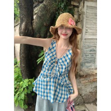 批发韩系氛围感多巴胺配色格子<b class='q'>吊带</b><b class='q'>背心</b><b class='q'>女</b>夏季外穿收腰不规则无袖上衣