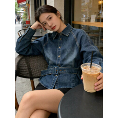 批发复古港风蓝色翻领<b class='q'>牛仔</b>衬衫女韩版设计感宽松通勤收腰系带<b class='q'>上衣</b>春秋