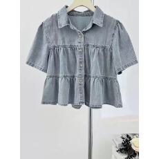 批发韩系复古翻领短袖<b class='q'>牛仔</b><b class='q'>衬衫女</b>夏季2026褶皱宽松单排扣短款裙摆上衣