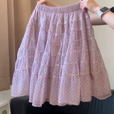 批发法式<b class='q'>甜美</b>减龄紫粉波点半身裙女春季新款时尚层次感网纱拼接蛋糕裙