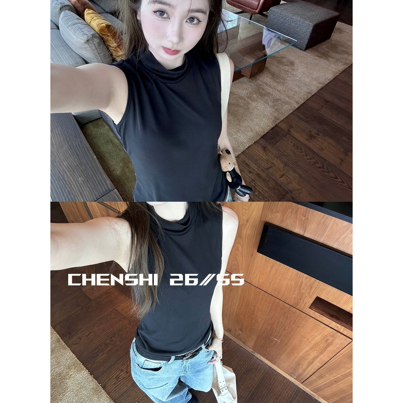 chen shi 말뚝 더미 작은 터틀넥 조끼 여성 여름 외출용 편안함 민소매 하나 오프숄더 맨위