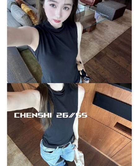 chen shi 말뚝 더미 작은 터틀넥 조끼 여성 여름 외출용 편안함 민소매 하나 오프숄더 맨위