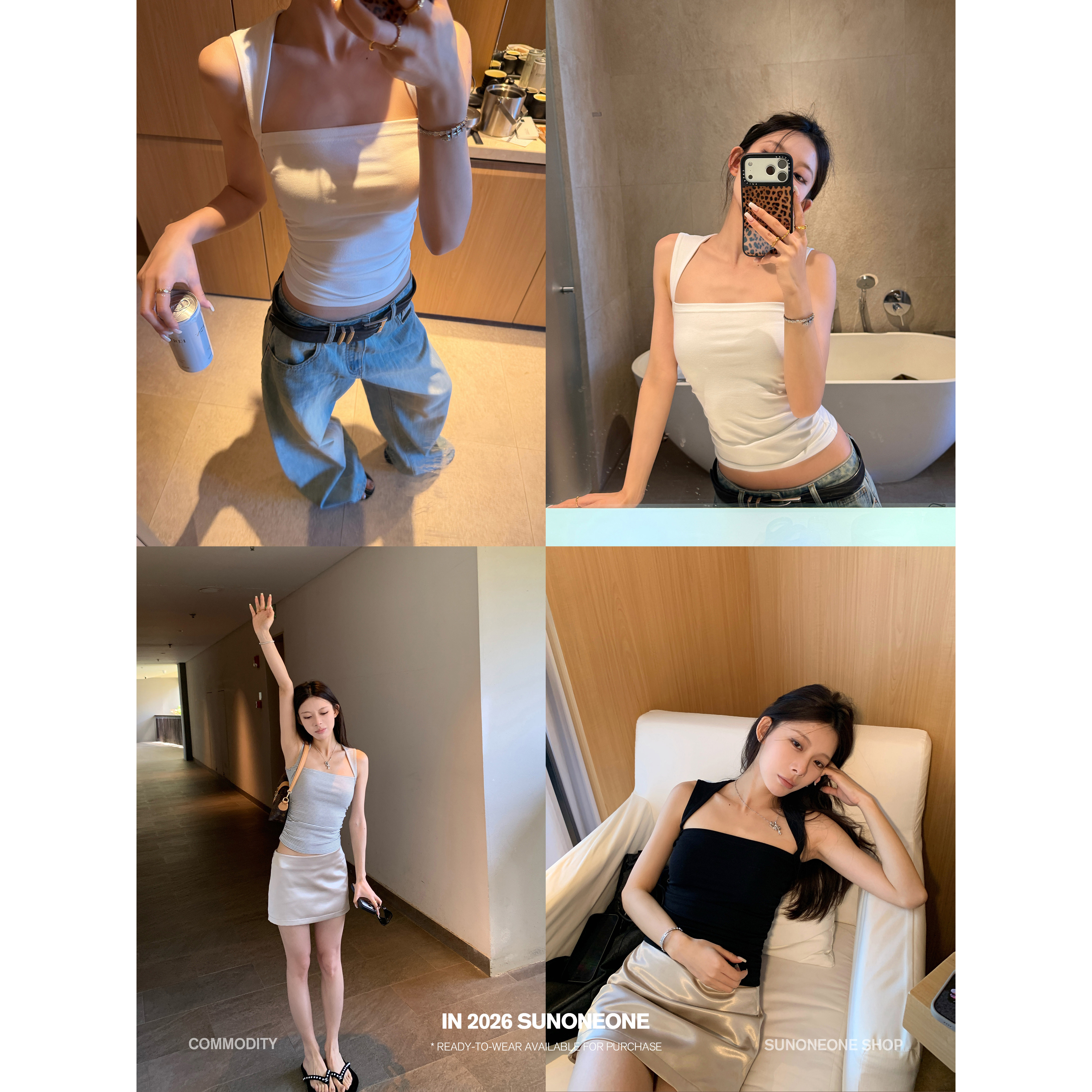 sunoneone 광장 칼라 몸매 가꾸기 슬림해 보이는 스트라이프 만나는 캐미솔 봄 새로운 핫걸 허리 수축 맨위