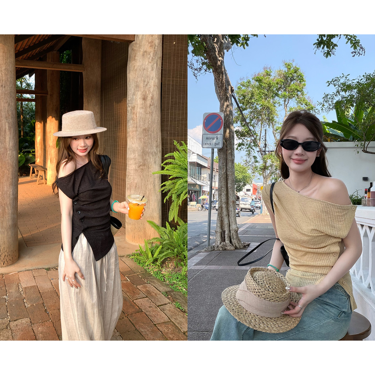 im ~까지 세련된 해체 작은 대중 비스듬한 어깨 몸매 가꾸기 반팔 티셔츠 여성 비대칭 주름 부서 버클 니트 맨위
