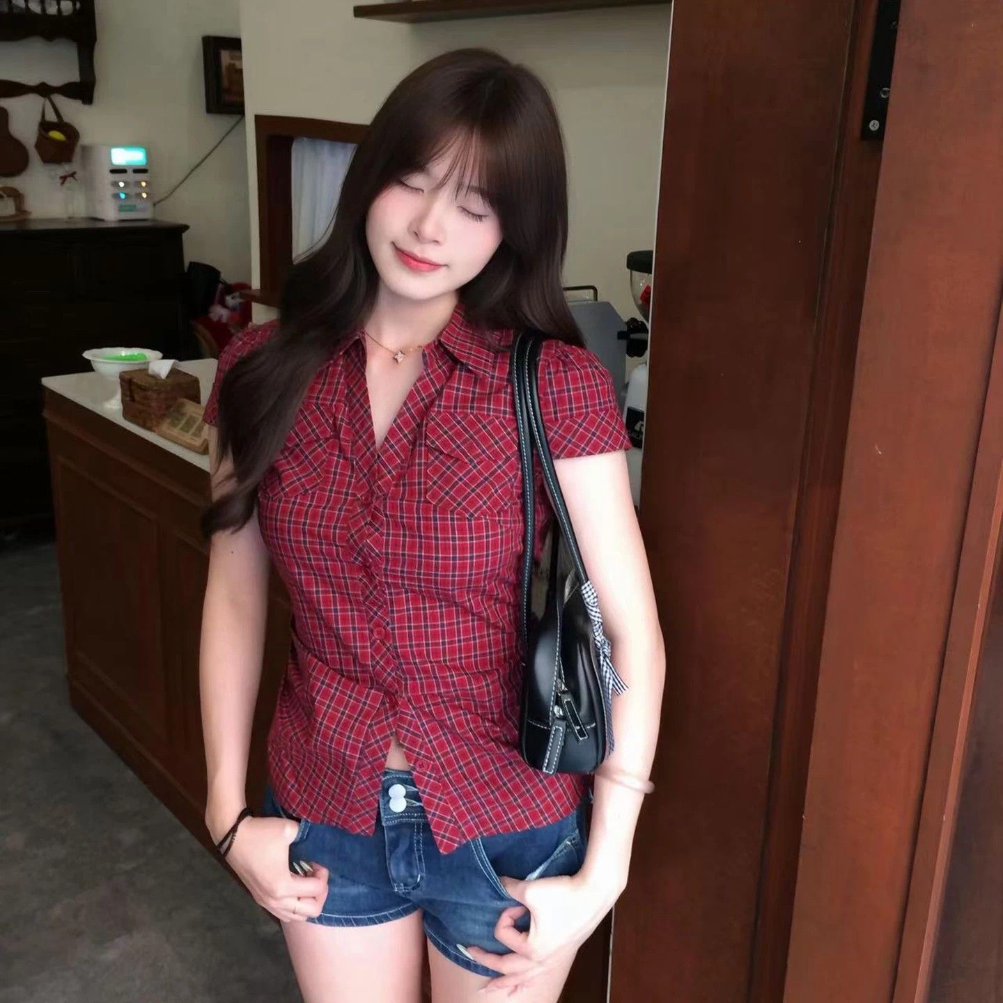 아메리칸 레트로 긍정적 인 어깨 한 부서 빨간색 셔츠 반팔 여름 몸매 가꾸기 슬림해 보이는 셔츠 맨위