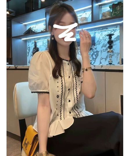 프랑스식 레트로 거품 소매 라운드 넥 자수 여성 셔츠 2026 새로운 여름 슬림해 보이는 표지 고기 다용도 반팔 셔츠