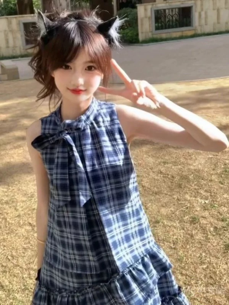 파란색 격자 무늬 셔츠 민소매 조끼 원피스 아이들 여름 2025 새로운 폭발 작은 키 케이크 미니 스커트