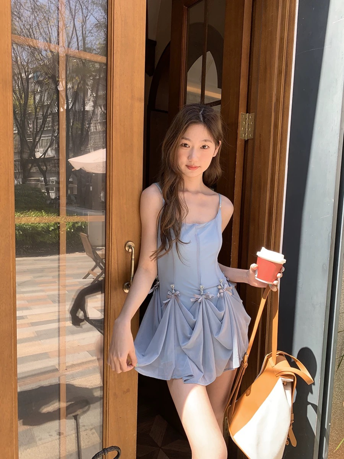 프랑스식 달콤한 자매 바람 나비 매듭 슬립 여성 드레스 여름 디자인 센스 하나 치마 기타 착용 A라인 스커트 파란색 미니 스커트