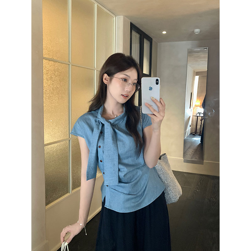 원본 품질 고급 센스 스트라이프 리본 반팔 셔츠 마이크로 지방 불규칙 슬림해 보이는 주름 다용도 맨위