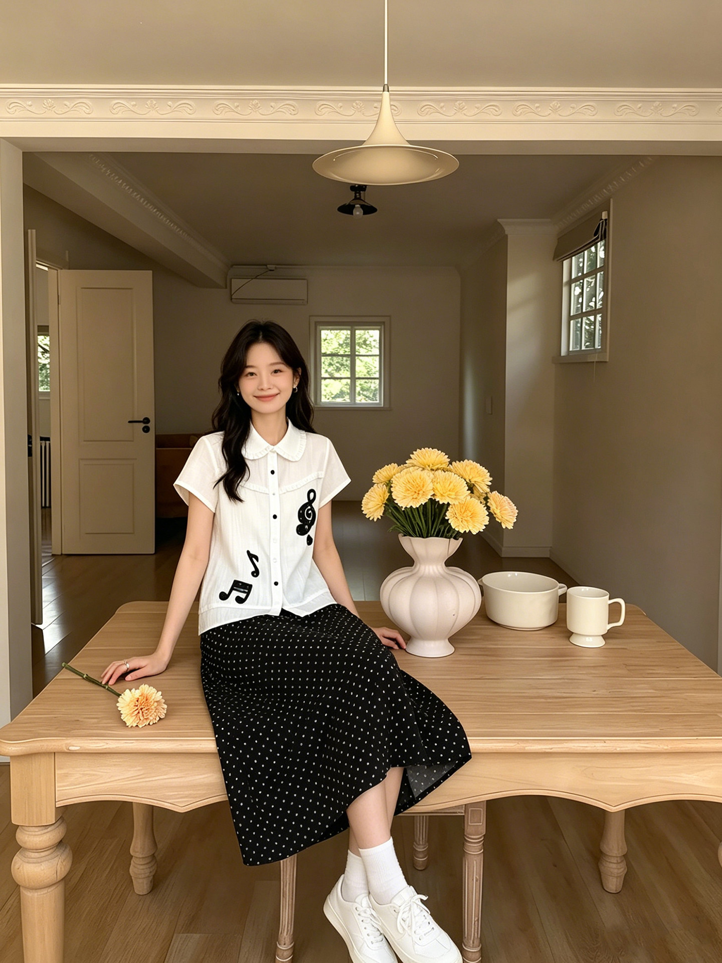 정가 학원 스타일 베이비 칼라 반팔 셔츠 맨위 화이트 참고 자수 슬림해 보이는 프릴 셔츠