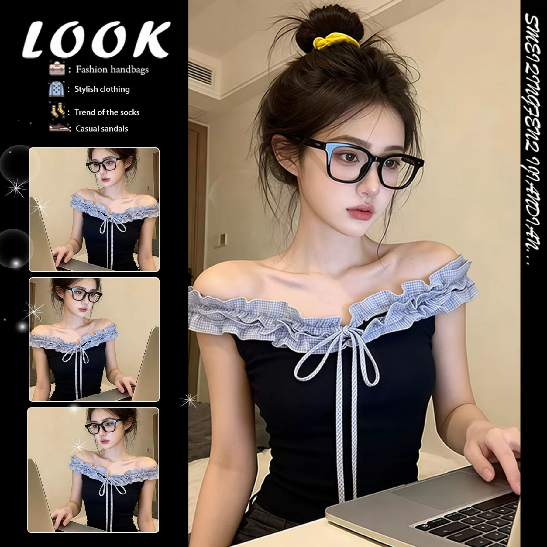 아메리칸 레트로 배색 프릴 레이스업 반팔 티셔츠 여성 여름 작은 키 허리 수축 핫걸 오프숄더 짧은 맨위