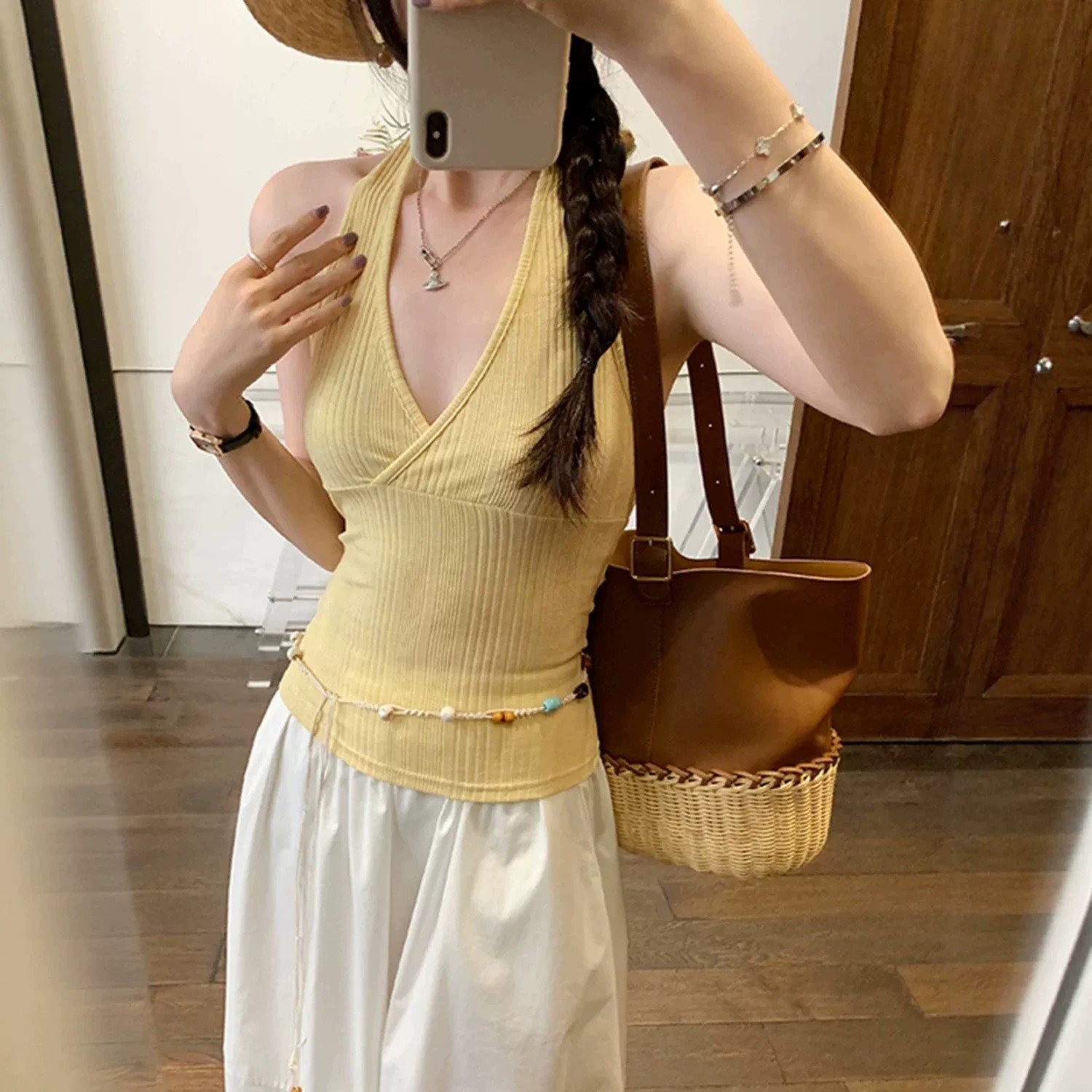 원본 원단 것 순수한 욕망 바람 행침 목 슬립 V넥 황색 조끼 여성 여름 핫걸 민소매 백리스 맨위
