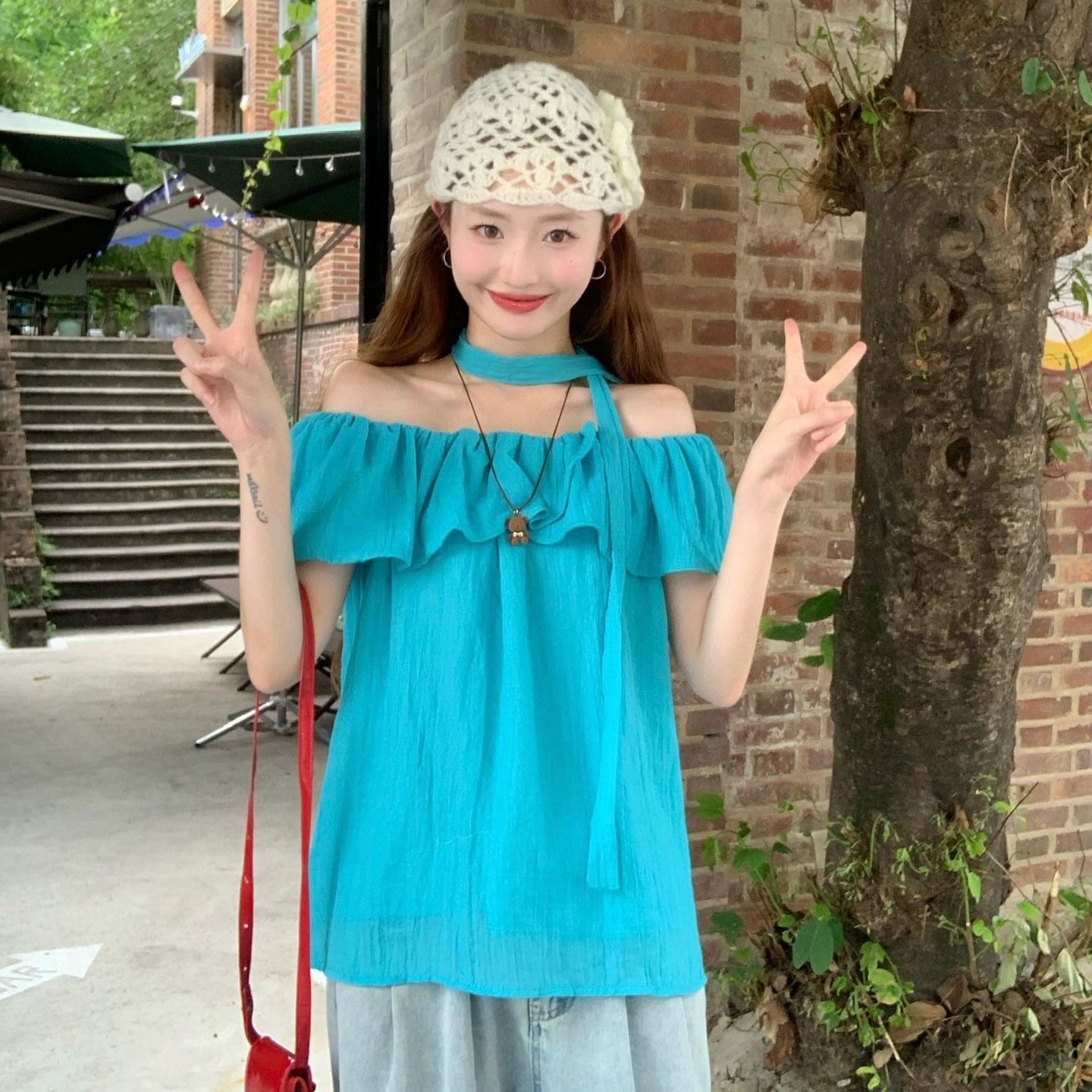 오프숄더 프릴 리본 반팔 여성 셔츠 여름 루즈핏 보라색 셔츠 부드러운 바람 캐주얼 고유 한 맨위