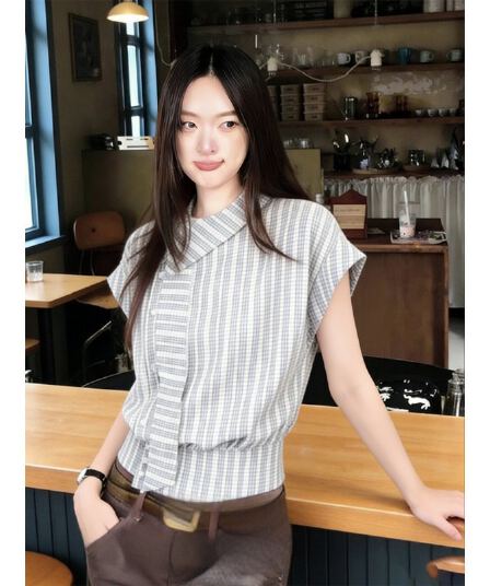 원본 레이스 자카드 원단 자이언트 잘 생긴 ~ 중 격자 무늬 셔츠 여름 리본 셔츠 작은 날다 소매 맨위