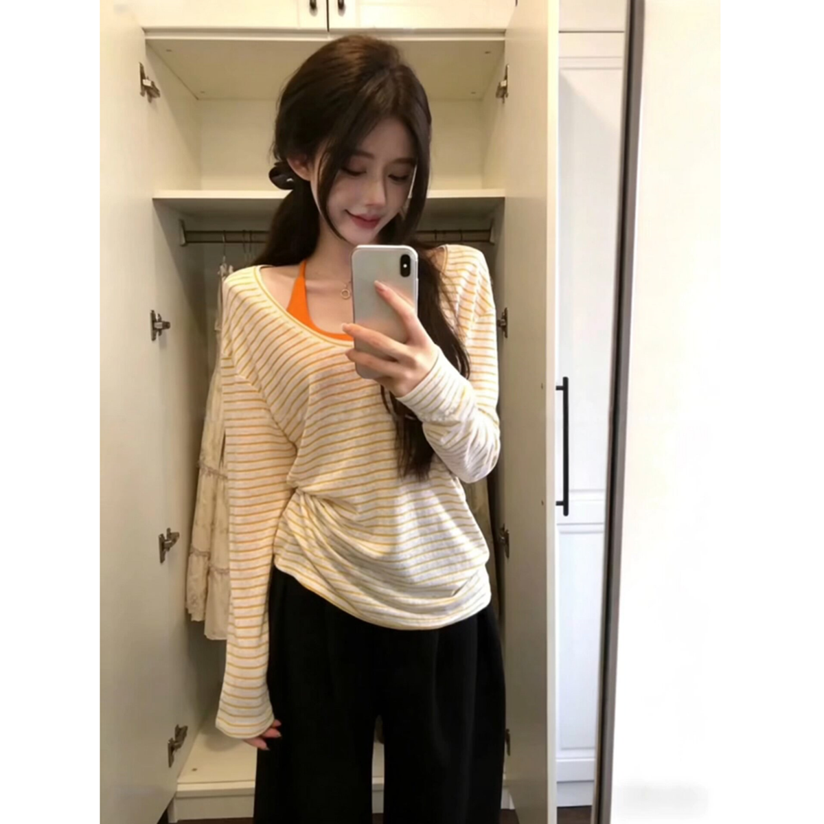 한 부서 마이크로 ~을 통해 얇은 스타일 스트라이프 V넥 긴팔 블라우스 티셔츠 여성 봄 여름 루즈핏 느긋한 맨위 핫걸