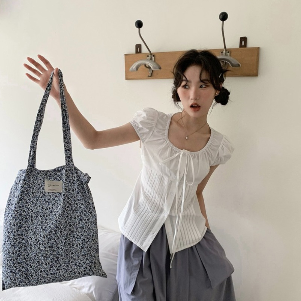 프랑스식 달콤함 u 칼라 화이트 셔츠 여성 여름 긍정적 인 어깨 몸매 가꾸기 작은 키 쇼트 스타일 거품 소매 셔츠 맨위 트렌디