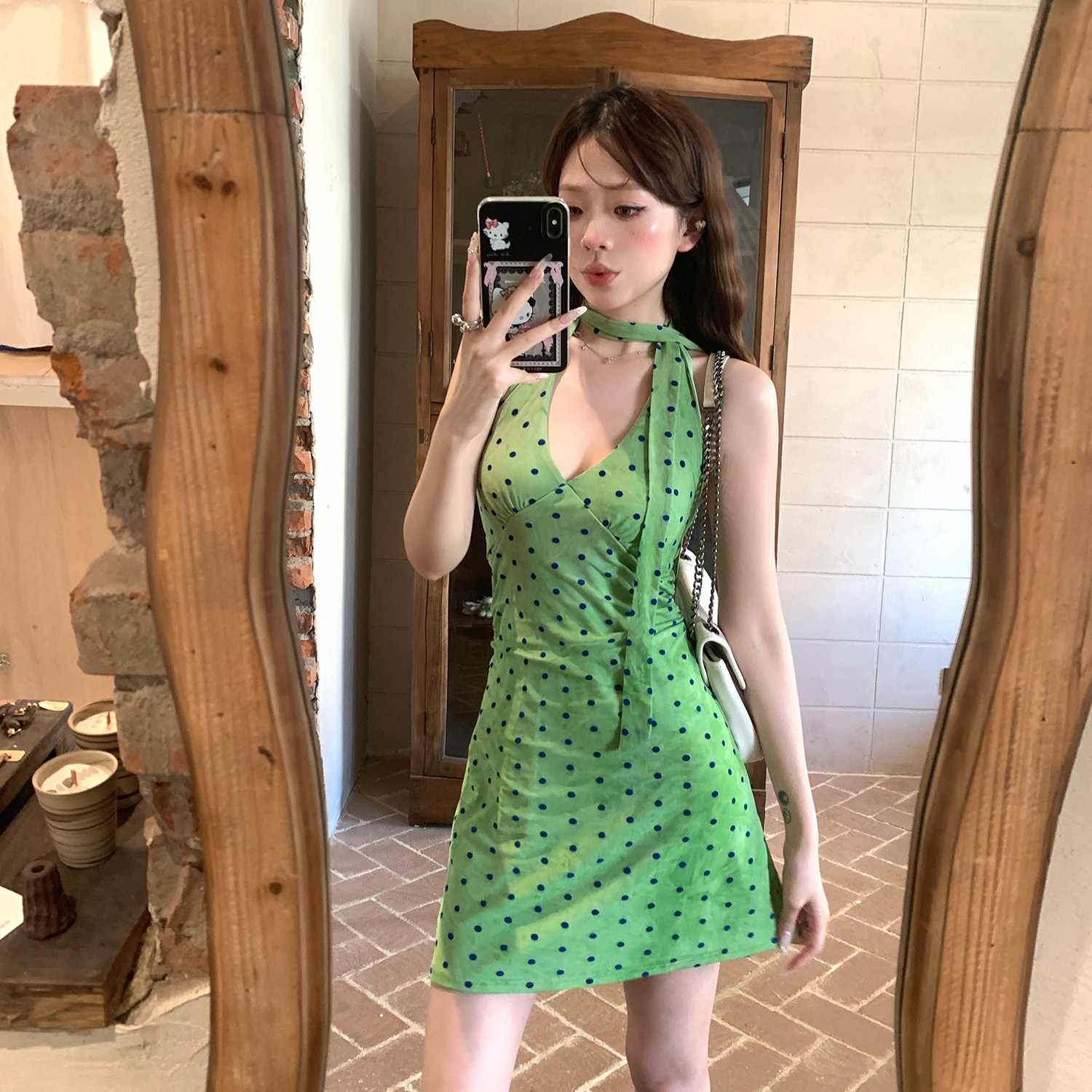 폴리 에스터 인터넷 원단 네리 순수한 욕망 도트 무늬 행침 목 녹색 여성 드레스 여름 마이크로 지방 mm 몸매 가꾸기 슬림해 보이는 짧은 치마