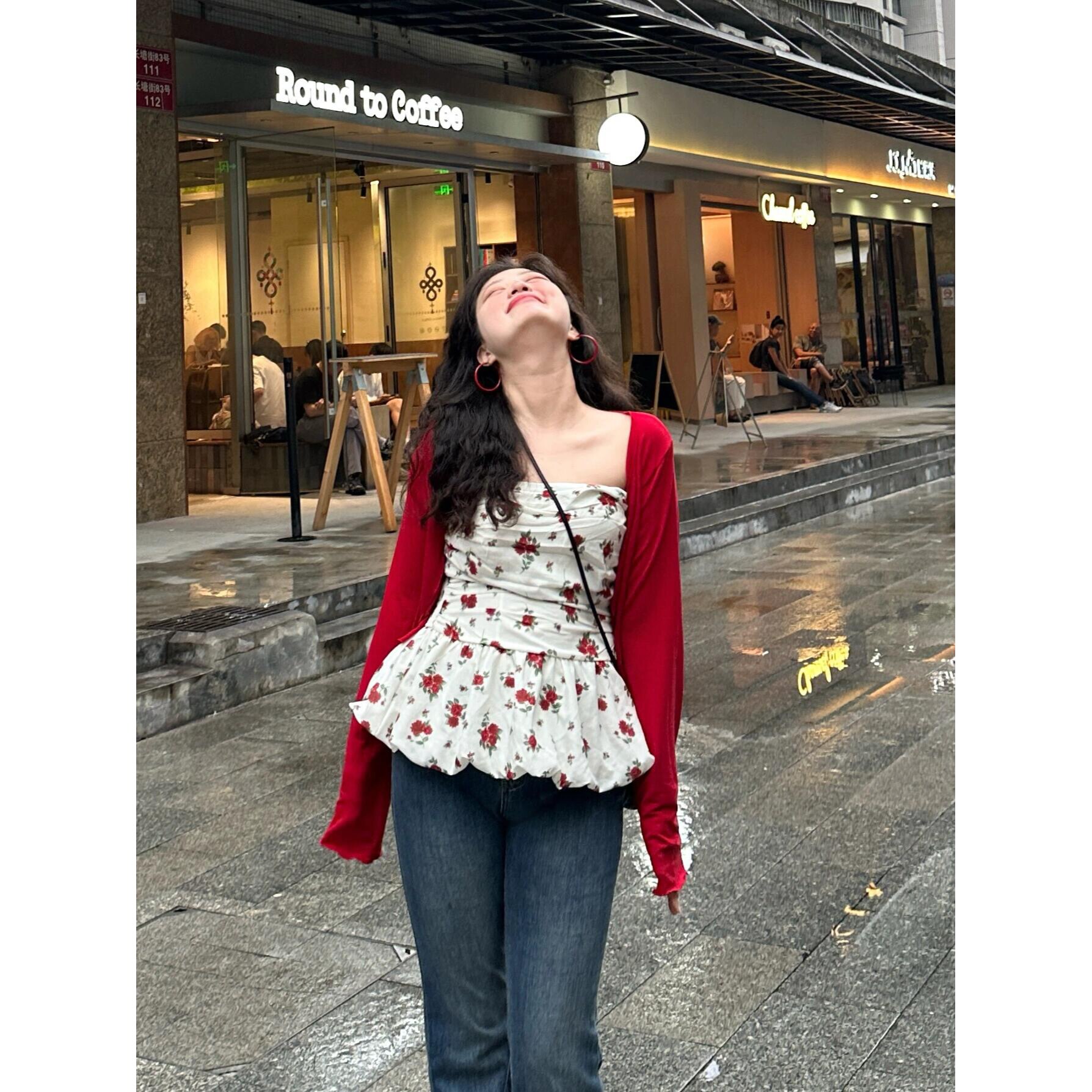 줄루어 스튜디오 Du 음악 리 소녀 레트로 순수한 욕망 꽃무늬 튜브탑 오픈 가디건 세트