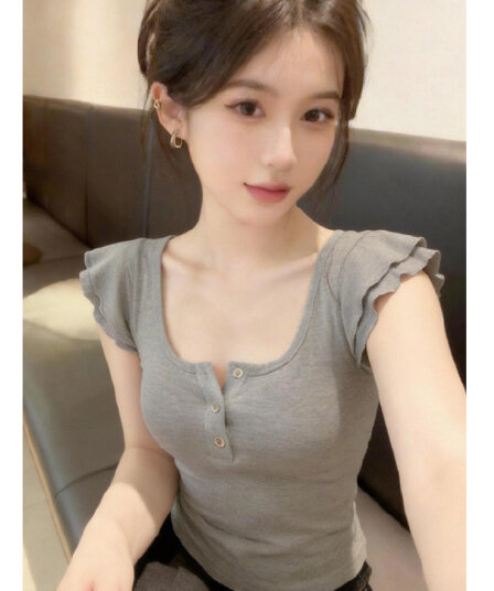 순수한 욕망 회색 u 칼라 작은 날다 소매 반팔 티셔츠 여성 2026 여름 새로운 자이언트 잘 생긴 ~ 중 몸매 가꾸기 맨위 아니요 명중 섹션