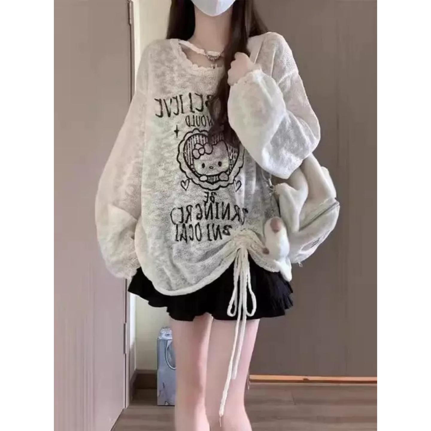 경관 그림 원본 원단 부드러운 바람 kitty 고양이 얇은 스타일 홀로우 아웃 펌프 로프 루즈핏 자외선 차단 맨위 여성