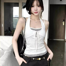 批发美式纯欲内搭挂脖上衣女夏季新款假两件条纹背心辣妹美背外穿吊带