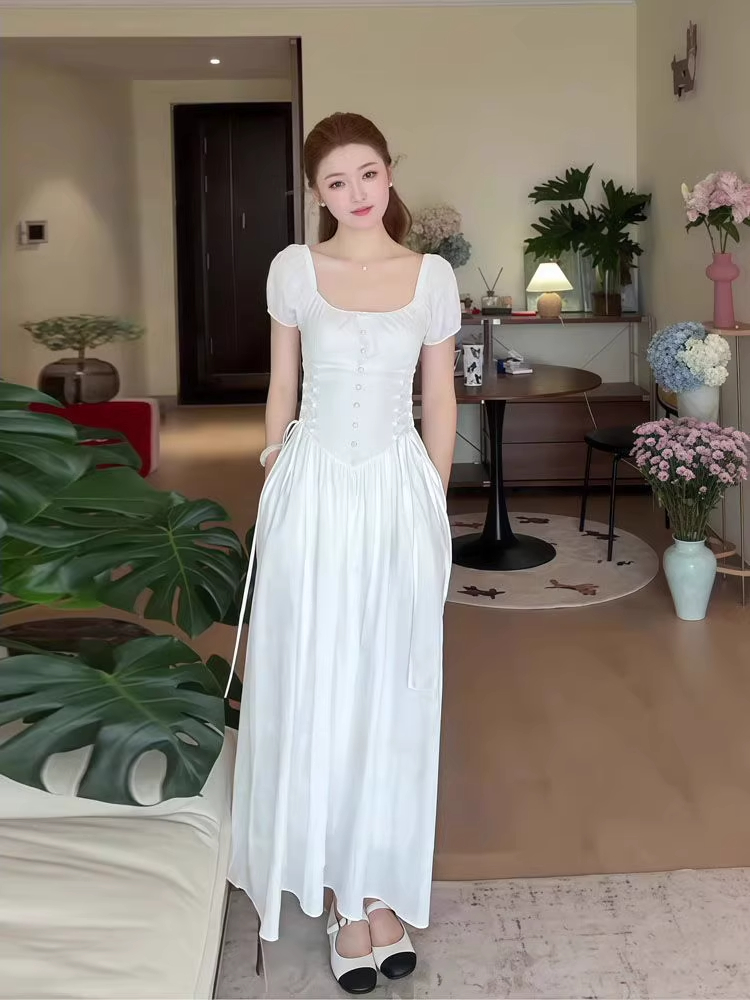 프랑스식 부드러운 바람 고급 센스 십자가 레이스업 화이트 드레스 아이들 여름 드레스 슬림해 보이는 허리 수축 반팔 A라인 스커트
