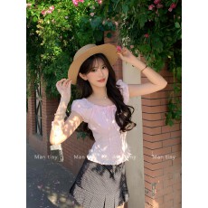 天丝面料+橡筋调节 甜美风粉色衬衫上衣女夏季蝴蝶结短款小衫