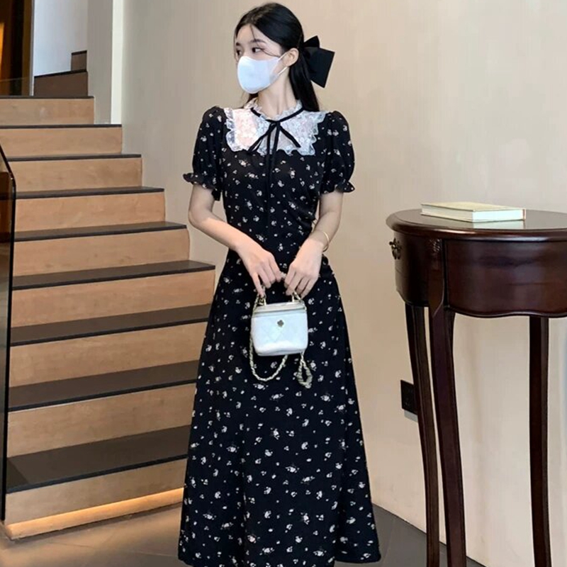 프랑스식 레트로 꽃무늬 거품 소매 여성 드레스 여름 자이언트 잘 생긴 작은 키 허리 수축 아름다운 슈퍼 화재 길다 치마