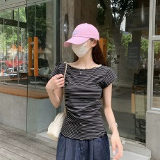 批发原版色织条 撞色条纹花边拼接短袖T恤女夏季褶皱收腰显瘦小上衣