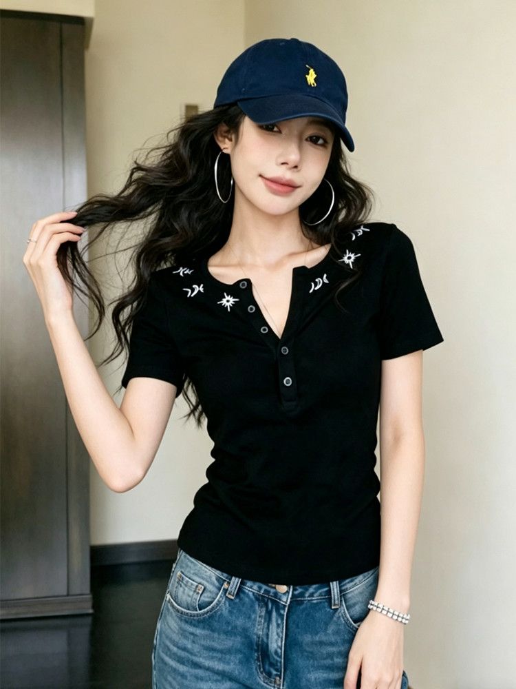 사람들 면 260 그램 아메리칸 핫걸 바람 검정색 헨리 칼라 긍정적 인 어깨 반팔 티셔츠 여성 여름 디자인 센스 몸매 가꾸기 트렌디